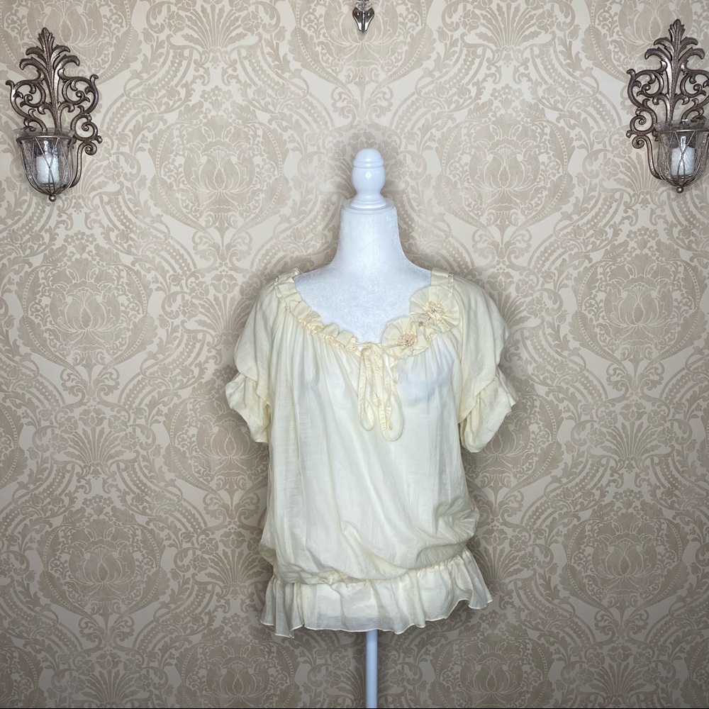 Hazel Ruffle/Flower Neck Peasant Blouse